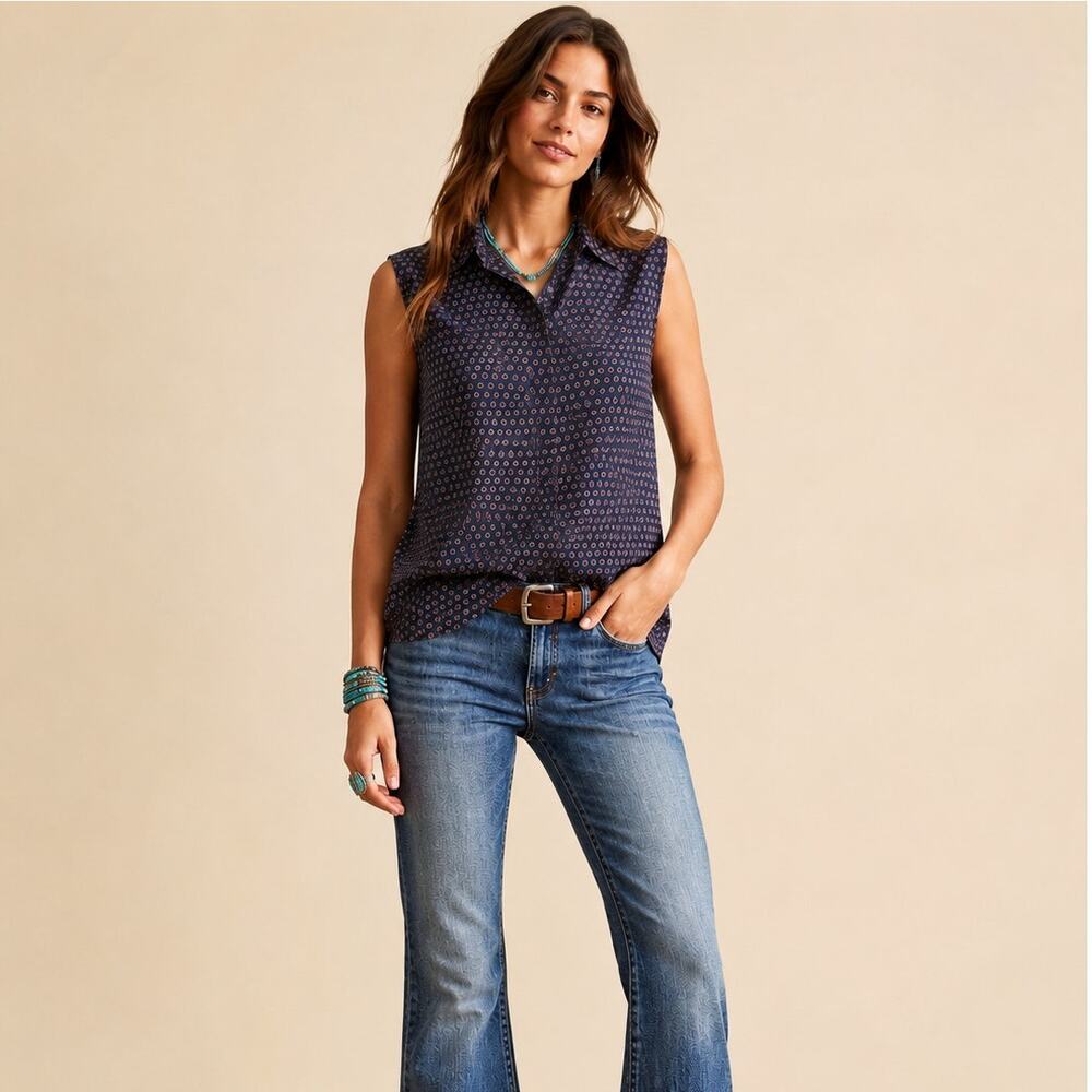 H&M Women's 10 Medium Sleeveless Blouse Navy Button Up Western Indie Shirt